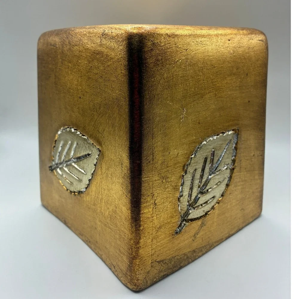 Bellini Piu Tissue Box Cover Gold Hand painted Italy Ceramic Leaf Embossed